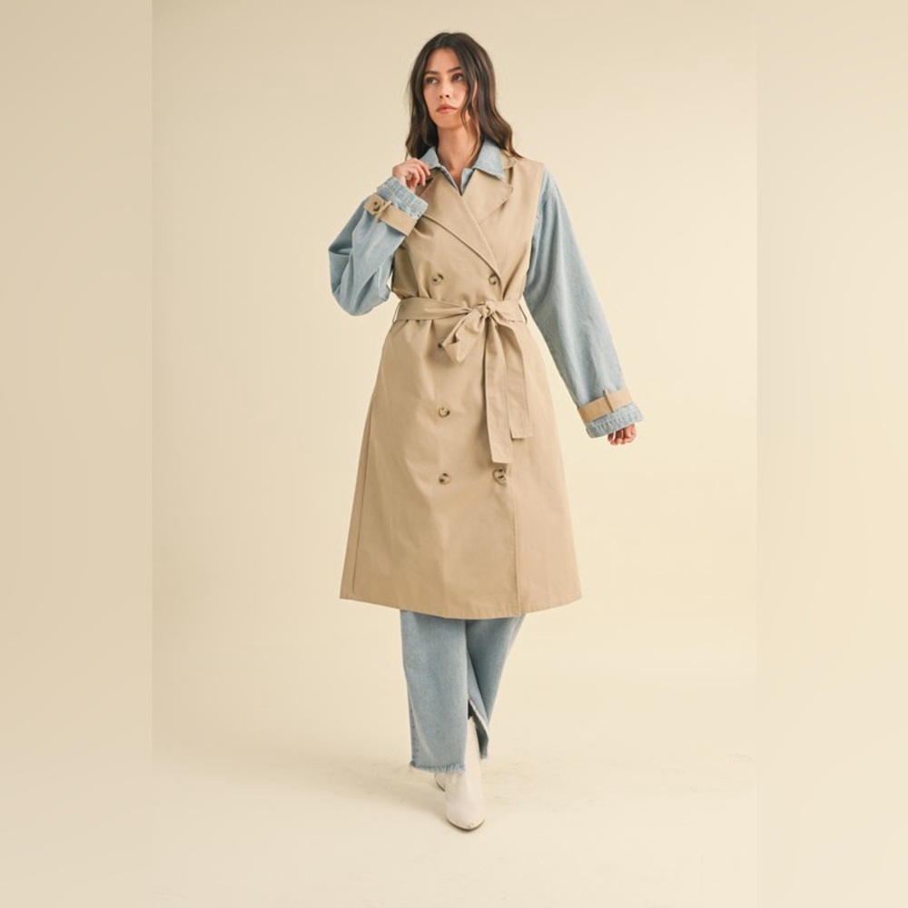 Layered Trench Coat with Denim Jacket Size M Tan Blue Outerwear Classic Neutral - Picture 4 of 12